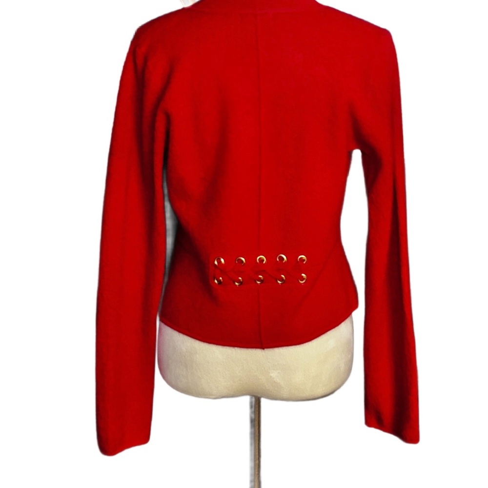 Cache ~ Women's Small ~100% Wool ~ Red Blazer Jacket W/ Lace Up Detail Hook Loop - Picture 14 of 16